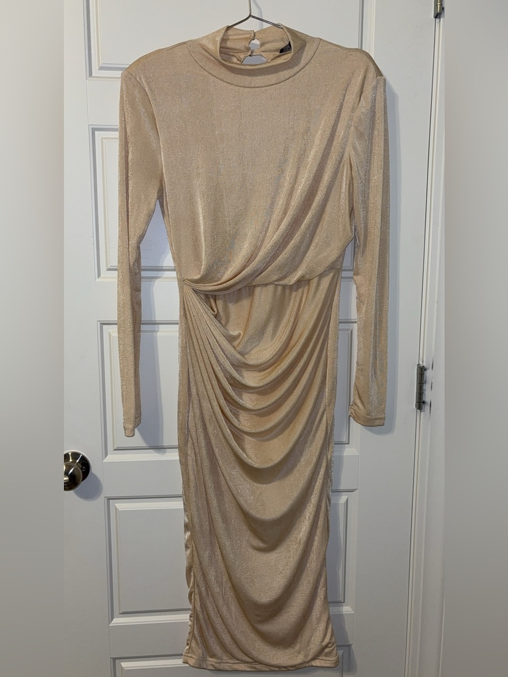 JLUXLABEL Mock Neck Draped Long-Sleeve Midi Dress- Beige
